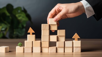 strategic businesswoman: planning with wooden blocks - action plan concept