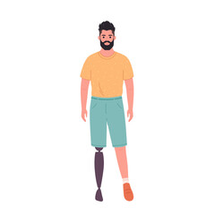 Young man with prosthetic leg. Male character with a physical disability. Hand drawn vector illustration.