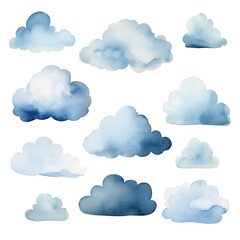 watercolor clouds, set of watercolor clouds isolated on transparent background