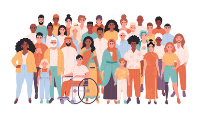 Crowd of people of different races, nationalities, age, people with disability. Multicultural society. Social diversity of people in modern society. Hand drawn vector illustration