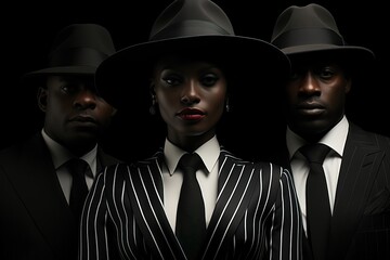 A woman in a gangster style hat is not alone and looks at the camera. - obrazy, fototapety, plakaty
