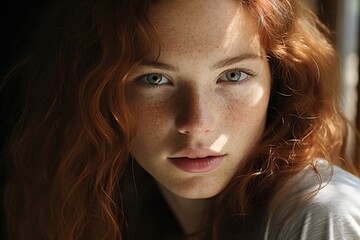 Fototapeta premium Young woman close face with freckles model, clean makeup daily skin care. A languid look into the camera.
