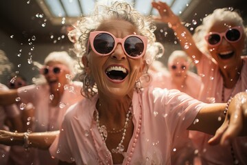 An adult old woman laughs and shouts into the camera, a retirement club training happiness entertainment for old people, a fashionable party for 60 years.