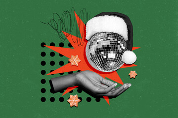 Creative poster collage of hand hold disco ball retro discotheque christmas new year greeting card...