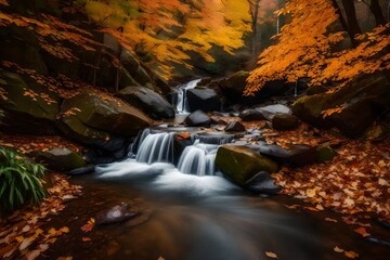 Capture a waterfall surrounded by trees ablaze with autumn colors, emphasizing the dynamic contrast between the rushing water and the serene foliage