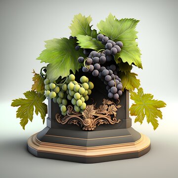 Grapes with vine and leaves, podium platform and product display, wine presentation leaves conception healthy fruit food incision liquid preparation stum branch thin Generative AI 