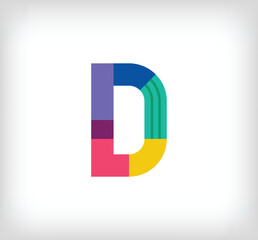 Creative abstract letter D multicolored linear logo. Modern lettering lines with new pop art colors. Font alphabet template. Creative education geometric.vector