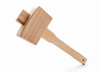 Construction wooden mallet isolated on white background with clipping paths, wooden hammer