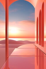 the room is a reflection of a field on which a wall of windows leads up to the sky white orange and pink futuristic landscapes organic architecture 