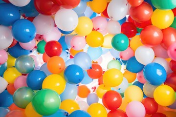 brightly colored balloons clustered and floating overhead
