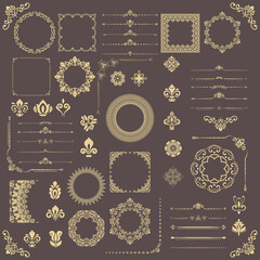 Vintage set of horizontal, square and round elements. Elements for backgrounds, frames. Classic golden Brown and golden patterns. Set of vintage patterns