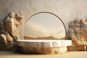 scenic gypsum arch frame natural stone podium 3d rendering. Pedestal set design for product and cosmetics photography.
