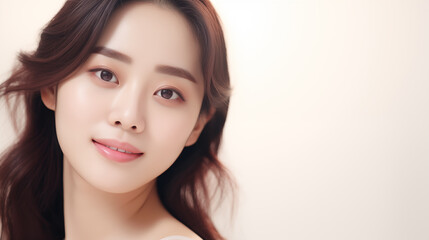 Gorgeous young Asian lady showcasing flawless skin against pink backdrop. Skin care, facial therapy, cosmetic treatments, beauty and wellness