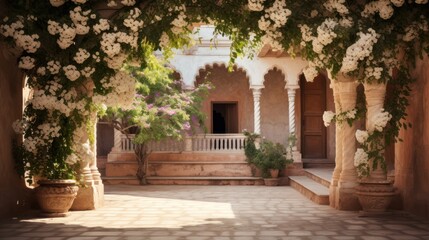 white and pink bougainvillea flowers in the street on beige sandstone building with arches travel banner from Greece or Spain