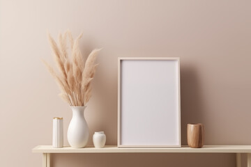 Mock up poster frame in interior background. Photo or picture frame mockup, beige wall - obrazy, fototapety, plakaty