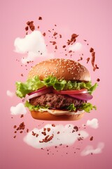 vegan meat burger in the air on pink background. Restaurant, delivery, fast food creative poster or website vertical banner, social media content. - obrazy, fototapety, plakaty