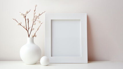 White frame mockup with spring flowers in vase on white background. Photo or picture frame mockup, light wall - obrazy, fototapety, plakaty
