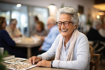 Old retired woman smiling happy with glasses laughing. An elderly person is healthy and active.