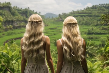 Two twins young Women  with blonde hair relaxing in Indonesia  with a view to the jungle. Sisters in Bali , making retreat  - obrazy, fototapety, plakaty