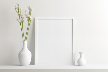 Mock up poster frame with a vase of flowers. Photo or picture frame mockup, light wall