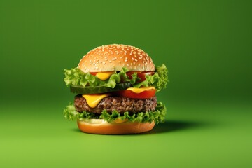 vegan meat burger closeup on olive green background closeup. Restaurant, delivery, fast food, cafe poster or website banner, social media content.
