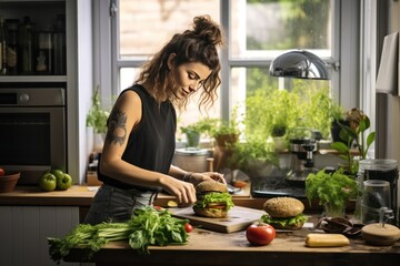 hipster millennial woman cooking vegan burger in trendy kitchen with green plants - obrazy, fototapety, plakaty