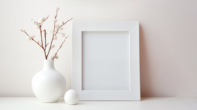 White frame mockup with spring flowers in vase on white background. Photo or picture frame mockup, light wall
