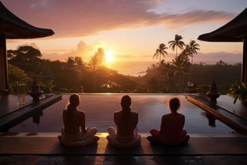 A serene yoga retreat with practitioners engaged in poses amidst tranquil surroundings 
