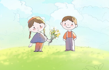 Little happy girl and boy standing in the grass, park in spring and smiling