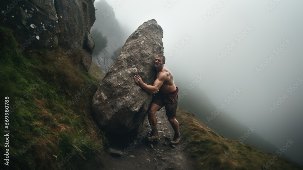 Wall mural sisyphus concept with man struggling to push a huge boulder uphill