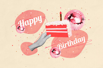 Poster picture image collage of arm hold delicious birthday cake isolated on beige color drawing...