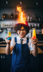 Experiment gone wrong with excited smart kid with hat on fire in chemistry class