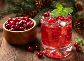 Cranberry cocktail with fresh cranberries and mint