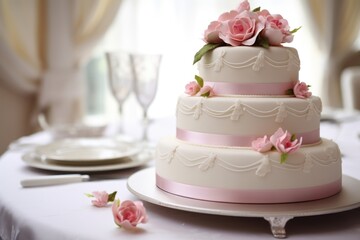 a three-tier fondant wedding cake with flower decorations