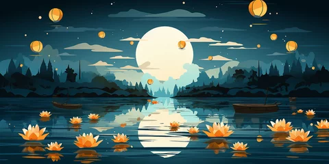  Illustration with Lanterns and Krathongs Floating on Water Design © Teerasak