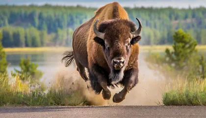 Muurstickers wild bison running closeup © Nichole