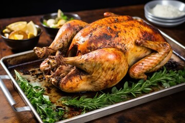 Fototapeta premium whole roasted turkey with herbs on a baking tray