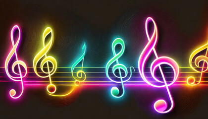 multicolored neon glowing treble clefs abstract luminous background with empty space for text or product