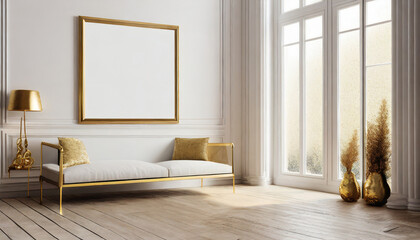 blank picture frame on a wall for showcasing art in an elegant all white living room with gold accents mockup