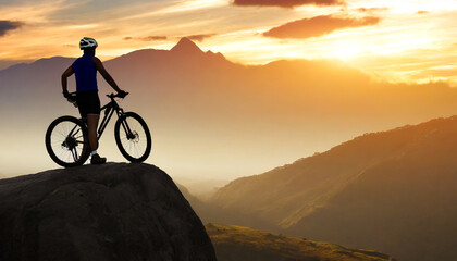 cyclists silhouette standing on big rock against sunset mountain bike concept