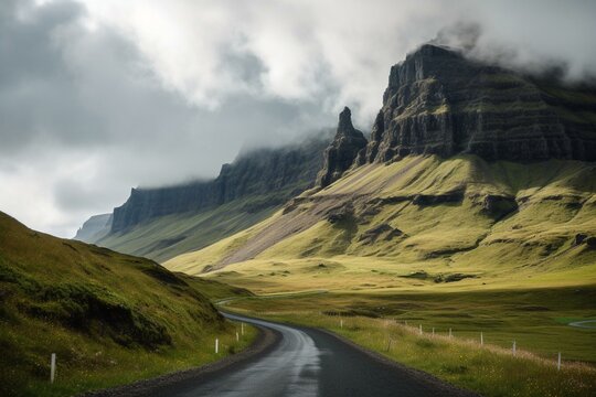 Scenic drive on Iceland's Highway 54 to Snaefellsnes Peninsula. Generative AI