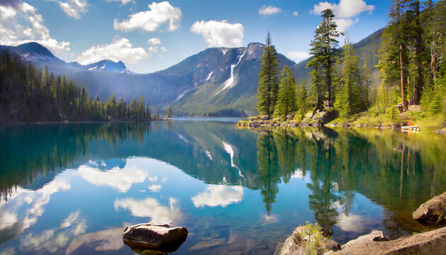 a serene mountain landscape with a reflective lake surrounded by picturesque mountains and trees illustrating nature s serene beauty high quality photo