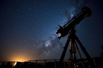 telescope on a tripod pointing at a constellation