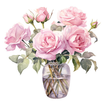 Watercolor light red roses in a vase. Generative AI, png image.