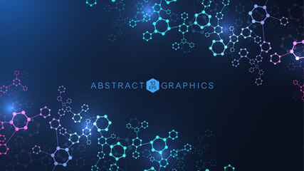 Modern abstract molecules structure for science or medical background. DNA helix or atom visualization. Molecular wave flow abstract background. Vector illustration