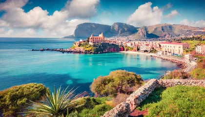 Fototapete Palermo sunny spring view of sant elia village splendid azure water bay on sicily palermo city location italy europe traveling concept background