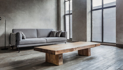 minimalist gray couch and wooden coffee table in urban loft