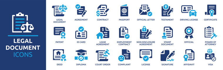 Legal document icon set. Containing contract, agreement, passport, ID card, certificate, license, patent, testament and more. Vector solid icons collection. - obrazy, fototapety, plakaty