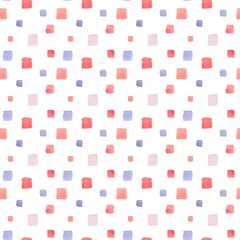 Obraz premium Watercolor seamless pattern with square shaped dots in pastel red and blue. Soft colors repeating tile. Hand drawn clipart. For kids design, wrapping paper, web page, card, fabric, invitation, print