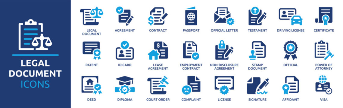 Legal document icon set. Containing contract, agreement, passport, ID card, certificate, license, patent, testament and more. Vector solid icons collection.